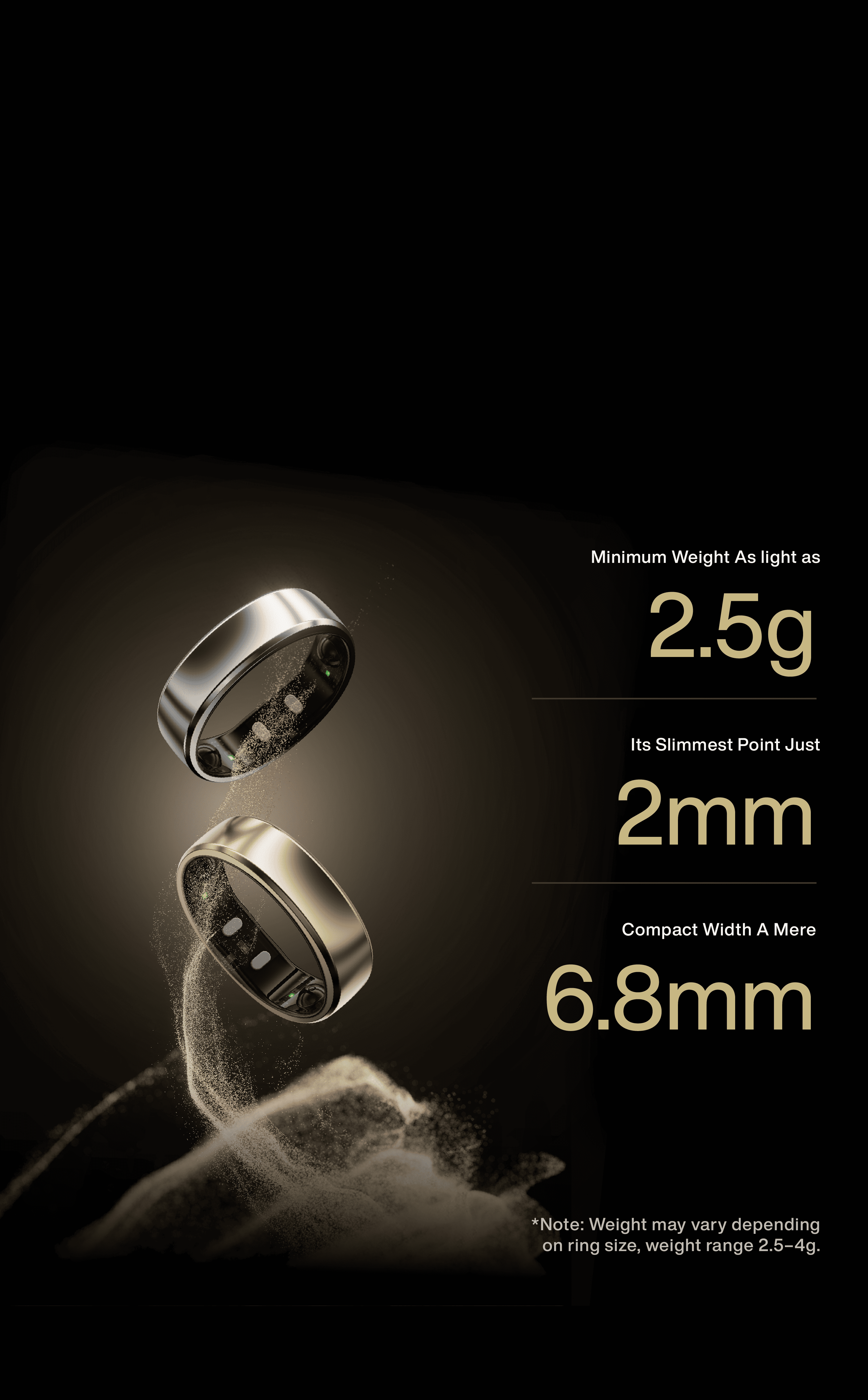 Metallic smart ring, lightweight design with 2.5g, 2mm slim profile, and 6.8mm compact width