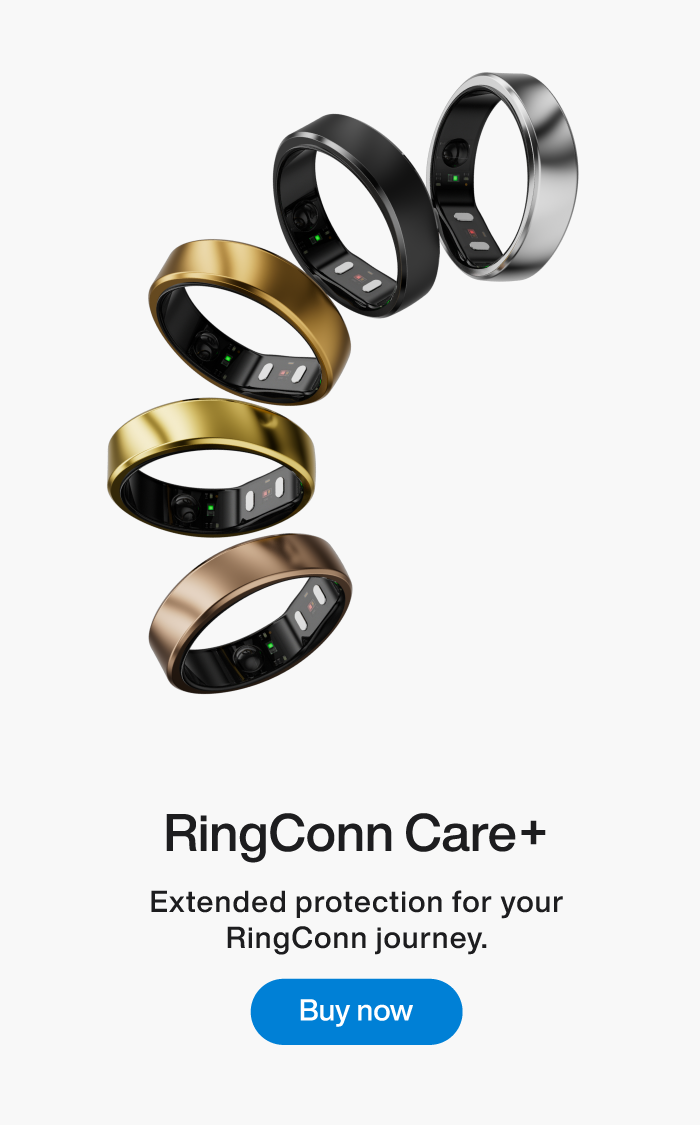 Smart rings in gold, black, and silver colors with sensor arrays, RingConn Care+ buy now