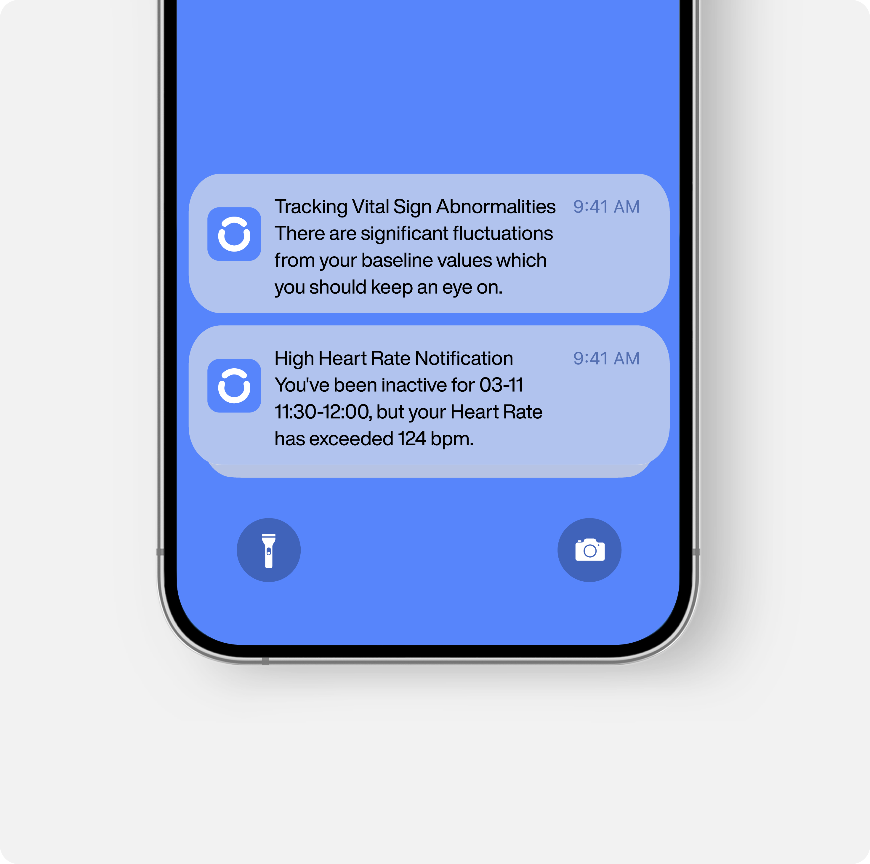 Smartphone displaying health alerts: vital sign abnormalities and high heart rate notifications.